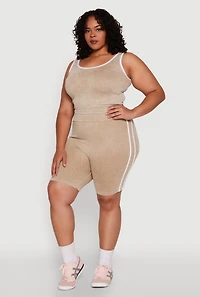 Womens Plus Size Mineral Wash Contrast Trim Crop Top, Beige, Size 1X-2X
