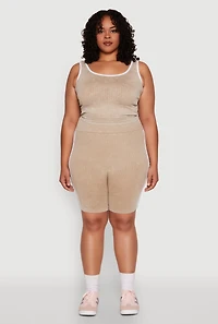 Womens Plus Size Mineral Wash Contrast Trim Crop Top, Beige, Size 1X-2X