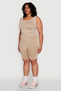 Womens Plus Size Mineral Wash Contrast Trim Crop Top, Beige, Size 1X-2X