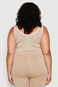 Womens Plus Size Mineral Wash Contrast Trim Crop Top, Beige, Size 1X-2X