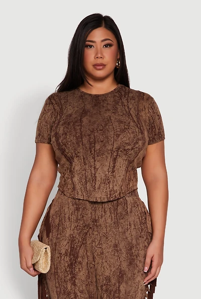 Womens Plus Size Mineral Wash Pintuck Short Sleeve Top, Brown, Size 2X