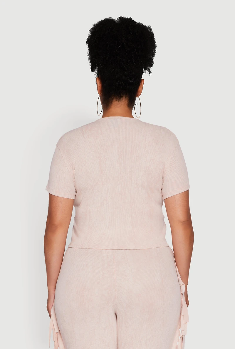Womens Plus Mineral Wash Pintuck Short Sleeve Top,