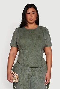 Womens Plus Size Mineral Wash Pintuck Short Sleeve Top, Green, Size 3X