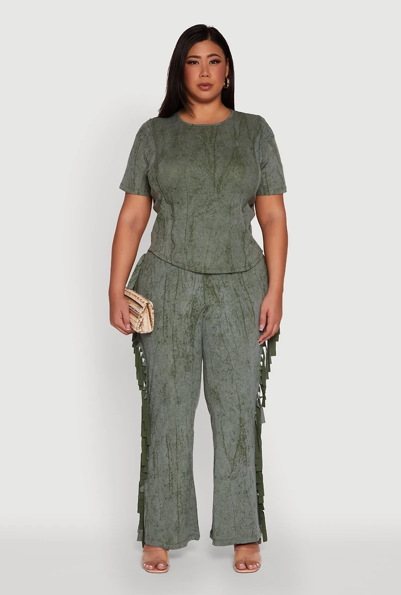 Womens Plus Size Mineral Wash Pintuck Short Sleeve Top, Green, Size 3X