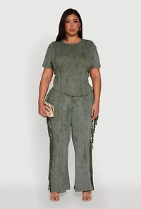 Womens Plus Size Mineral Wash Pintuck Short Sleeve Top, Green, Size 3X