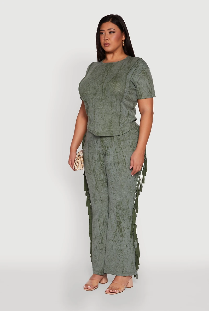 Womens Plus Size Mineral Wash Pintuck Short Sleeve Top, Green, Size 3X
