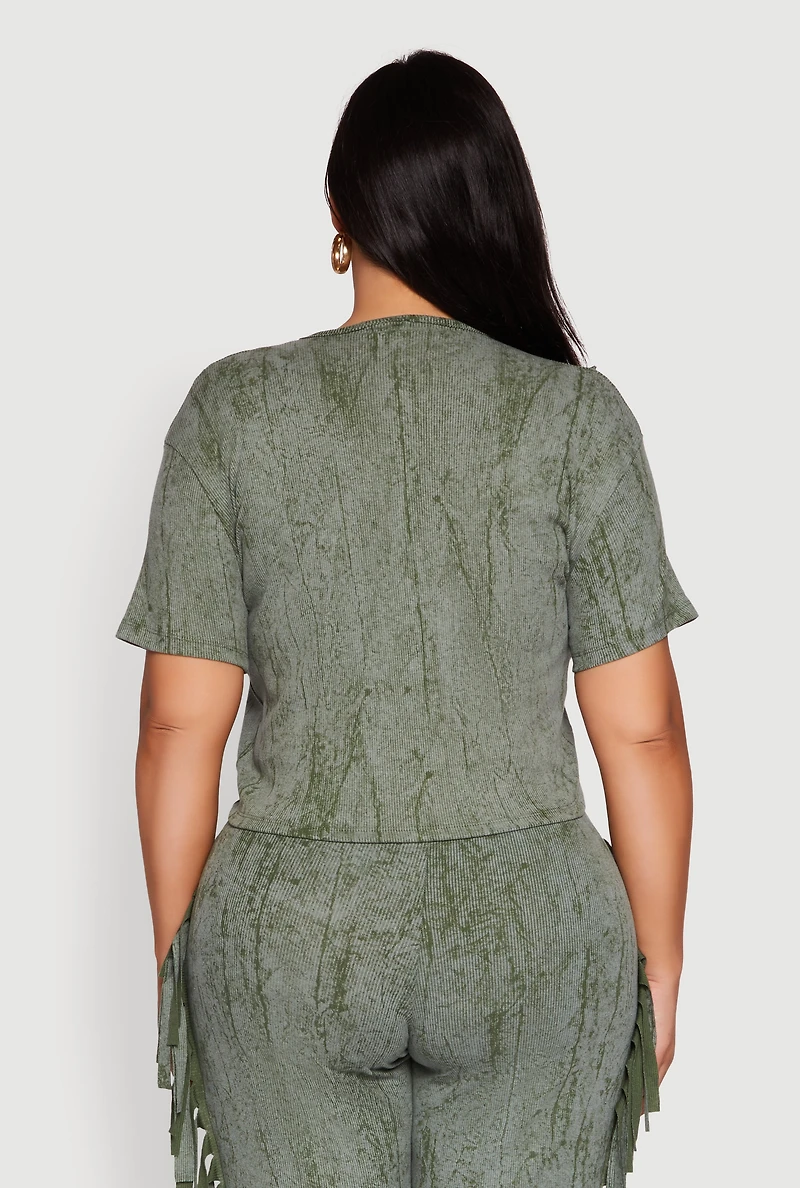 Womens Plus Size Mineral Wash Pintuck Short Sleeve Top, Green, Size 3X