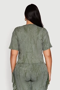 Womens Plus Size Mineral Wash Pintuck Short Sleeve Top, Green, Size 3X