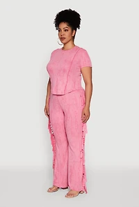 Womens Plus Size Mineral Wash Pintuck Short Sleeve Top, Pink, Size 2X