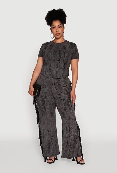 Womens Plus Acid Wash High Waisted Wide Leg Pants,