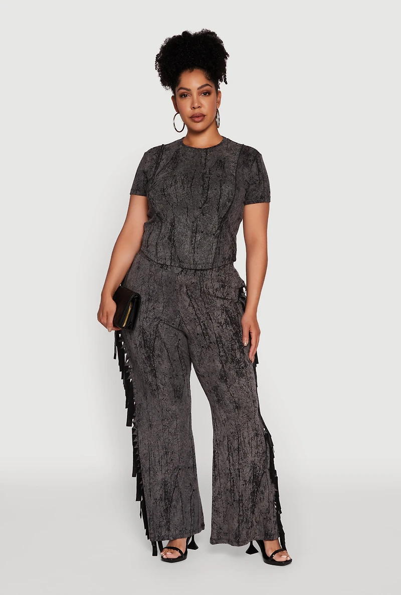 Womens Plus Acid Wash High Waisted Wide Leg Pants, 3X