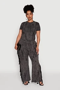 Womens Plus Acid Wash High Waisted Wide Leg Pants, 3X