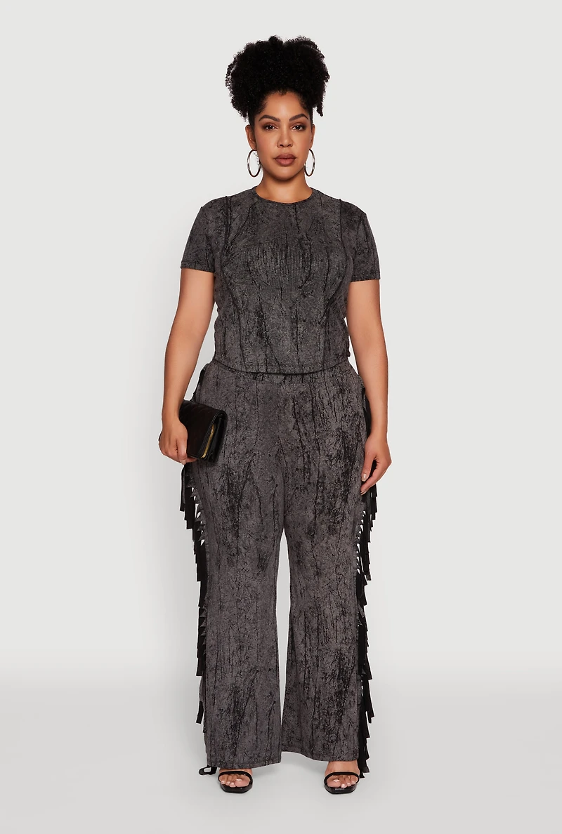 Womens Plus Acid Wash High Waisted Wide Leg Pants, 3X