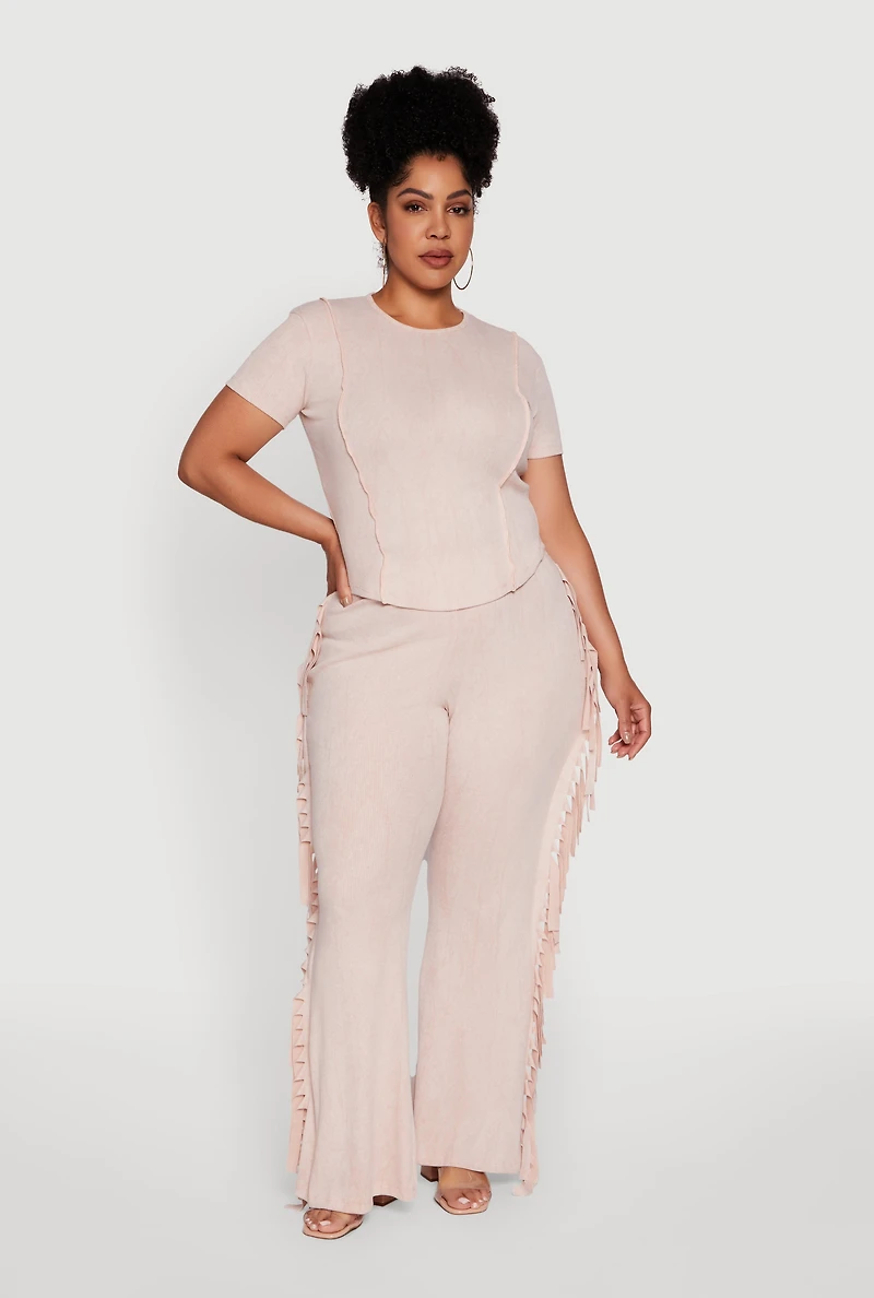 Womens Plus Acid Wash High Waisted Wide Leg Pants,