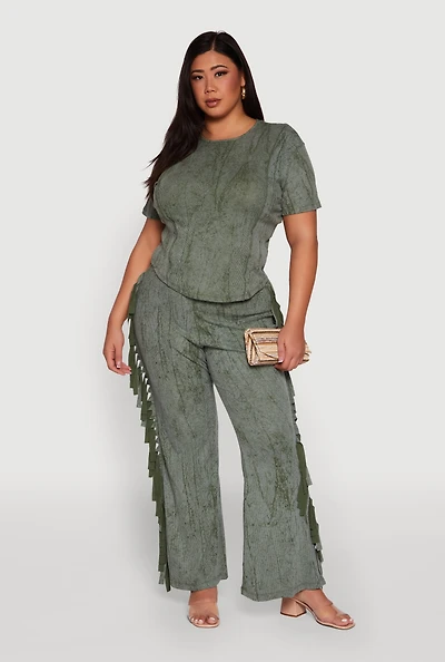 Womens Plus Acid Wash High Waisted Wide Leg Pants,