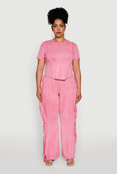 Womens Plus Size Acid Wash High Waisted Wide Leg Pants, Pink, Size 1X
