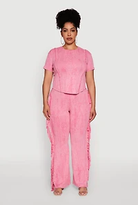 Womens Plus Size Acid Wash High Waisted Wide Leg Pants, Pink, Size 1X
