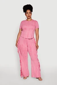Womens Plus Size Acid Wash High Waisted Wide Leg Pants, Pink, Size 3X