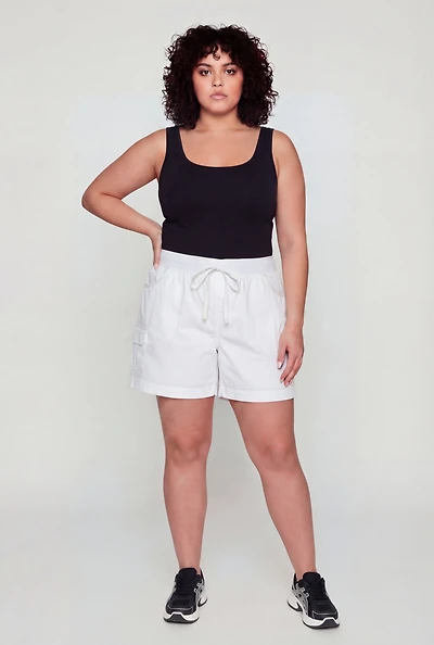 Plus Drawstring High Waisted Poplin Cargo Shorts