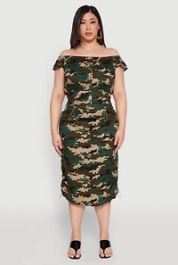Womens Plus Size Camouflage Off the Shoulder Top and Cargo Skirt, Green, Size 3X