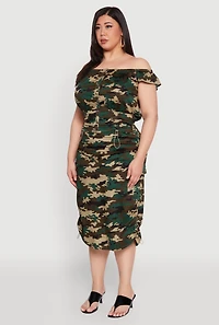 Womens Plus Size Camouflage Off the Shoulder Top and Cargo Skirt, Green, Size 2X