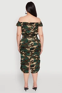 Womens Plus Size Camouflage Off the Shoulder Top and Cargo Skirt, Green, Size 3X