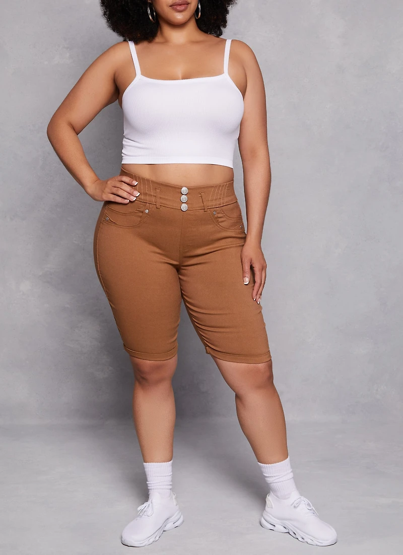 Plus Three Faux Button Bermuda Shorts