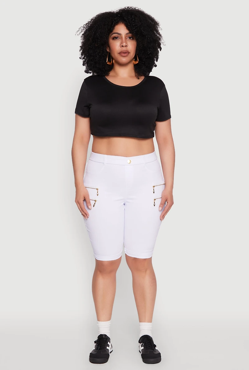 Womens Plus Size Zipper Detail Bermuda Shorts, White, Size 2X