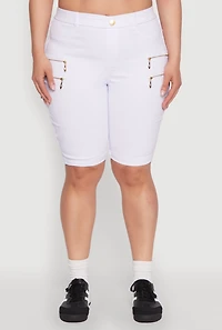 Womens Plus Size Zipper Detail Bermuda Shorts, White, Size 3X