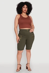 Womens Plus Size Zipper Detail Bermuda Shorts, Green, Size 3X