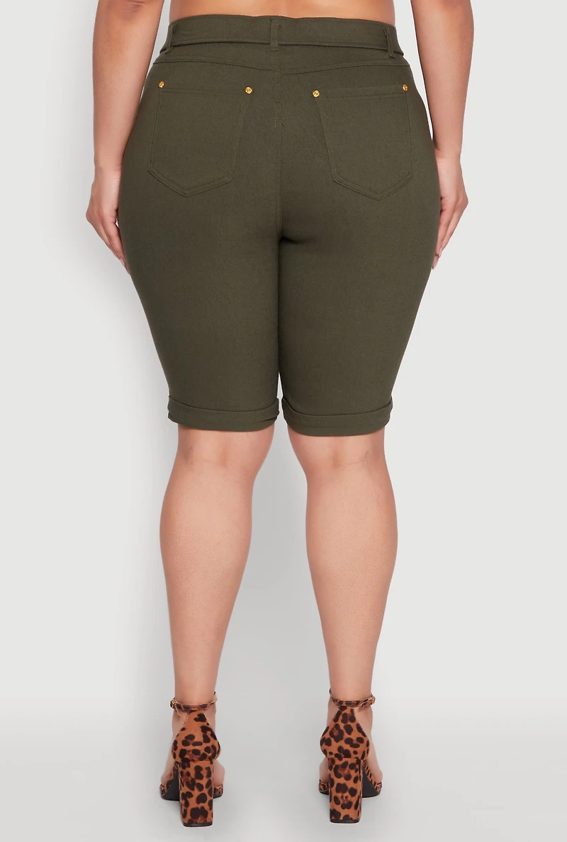 Womens Plus Size Zipper Detail Bermuda Shorts, Green, Size 3X
