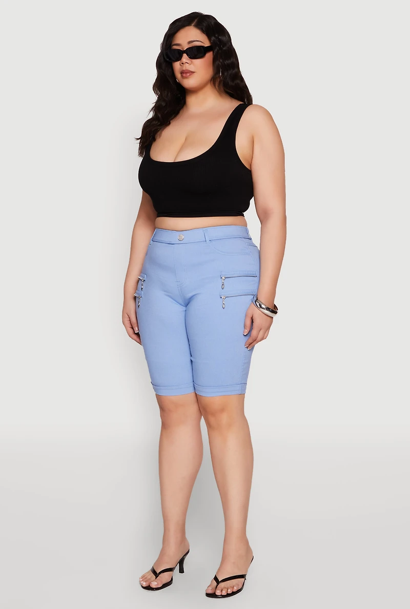 Womens Plus Size Zipper Detail Bermuda Shorts, Blue, Size 1X