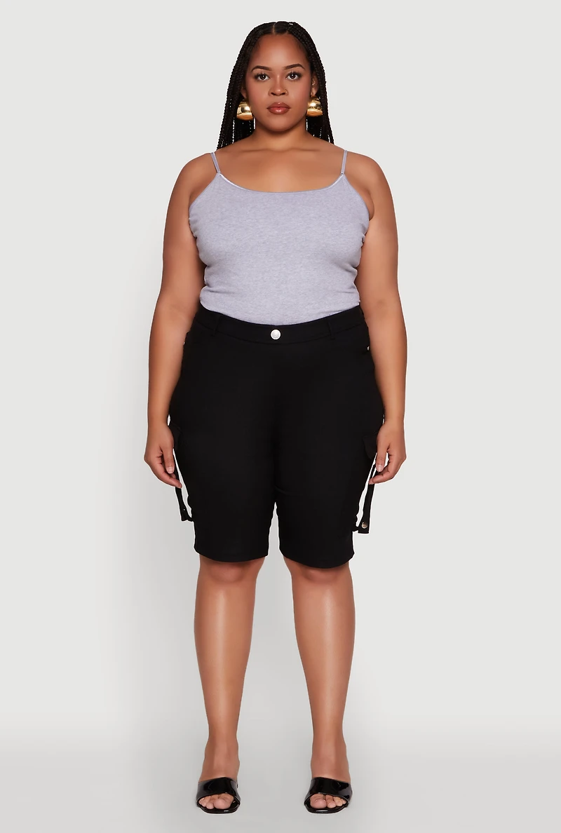 Womens Plus Trendy High Waisted Bermuda Shorts with Cargo Pockets, Black,