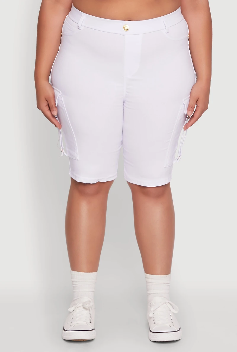 Womens Plus Size Trendy High Waisted Bermuda Shorts with Cargo Pockets, White, Size 2X