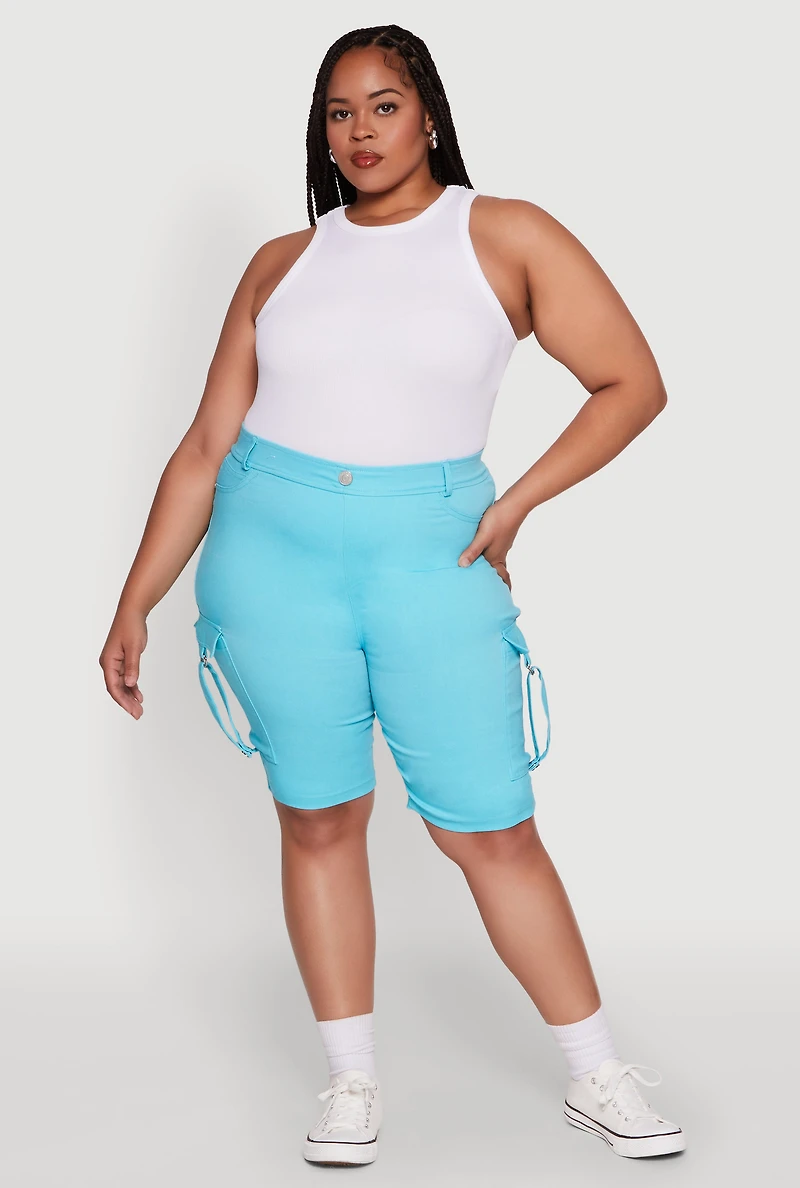 Womens Plus Trendy High Waisted Bermuda Shorts with Cargo Pockets,