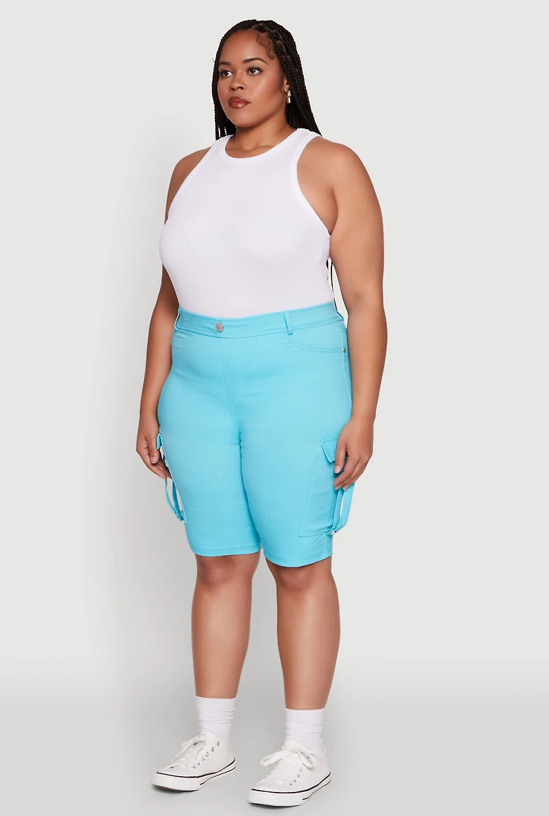 Womens Plus Trendy High Waisted Bermuda Shorts with Cargo Pockets,