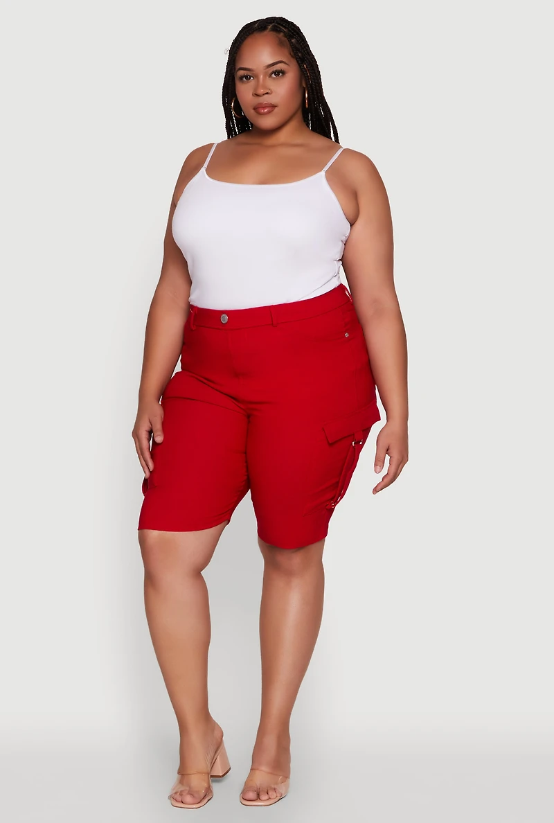 Womens Plus Size Trendy High Waisted Bermuda Shorts with Cargo Pockets, Red, Size 1X