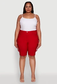 Womens Plus Trendy High Waisted Bermuda Shorts with Cargo Pockets, Red,