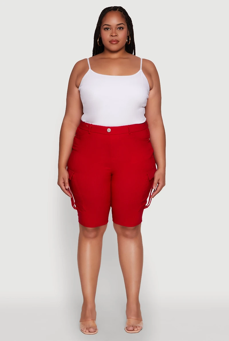 Womens Plus Size Trendy High Waisted Bermuda Shorts with Cargo Pockets, Red, Size 1X