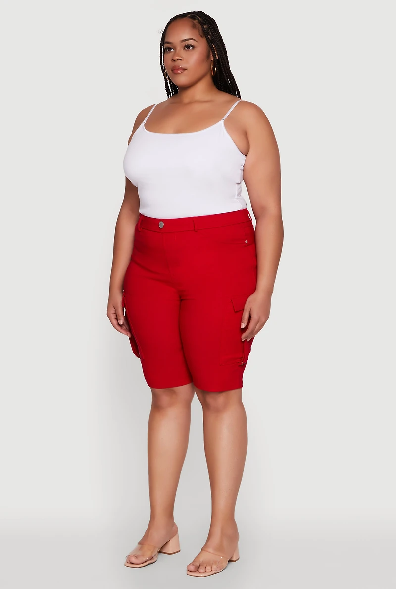 Womens Plus Trendy High Waisted Bermuda Shorts with Cargo Pockets, Red,