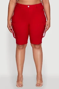 Womens Plus Trendy High Waisted Bermuda Shorts with Cargo Pockets, Red,