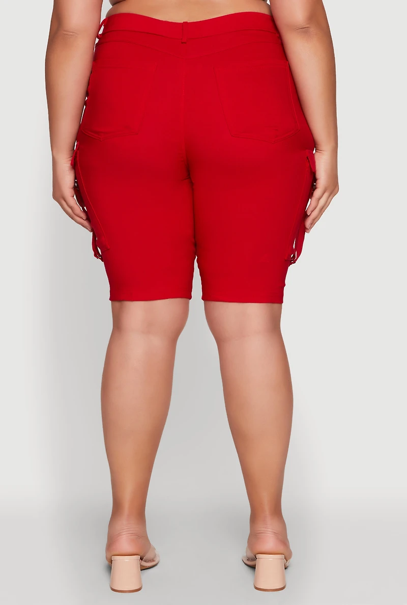 Womens Plus Trendy High Waisted Bermuda Shorts with Cargo Pockets, Red,