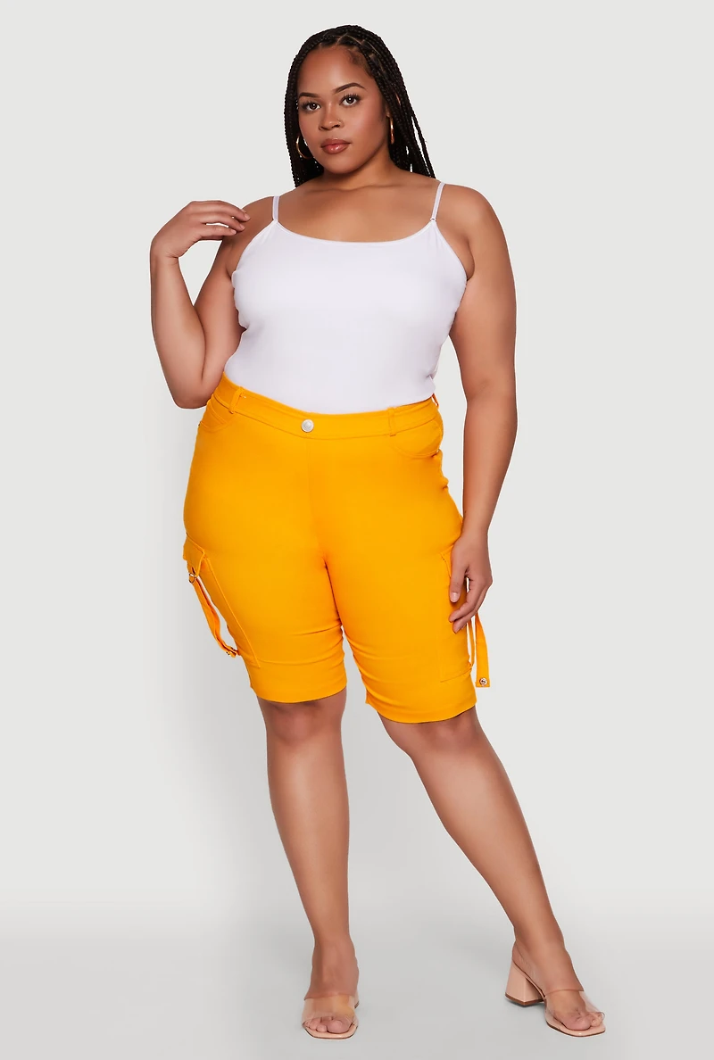 Womens Plus Size Trendy High Waisted Bermuda Shorts with Cargo Pockets, Yellow, Size 3X