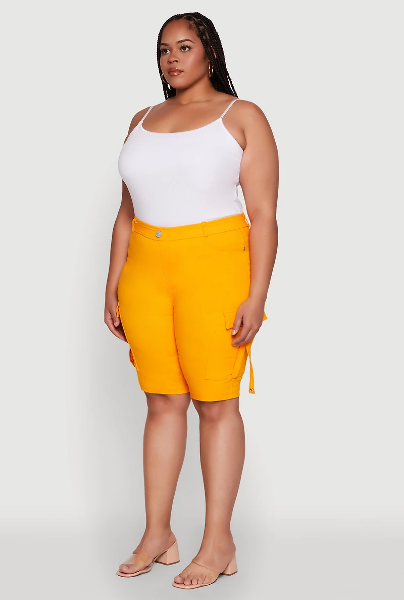 Womens Plus Size Trendy High Waisted Bermuda Shorts with Cargo Pockets, Yellow, Size 3X