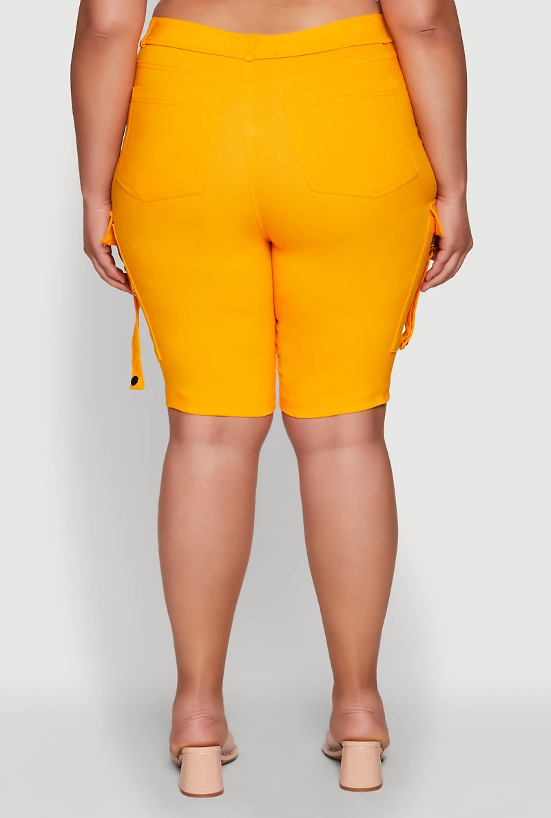 Womens Plus Size Trendy High Waisted Bermuda Shorts with Cargo Pockets, Yellow, Size 3X