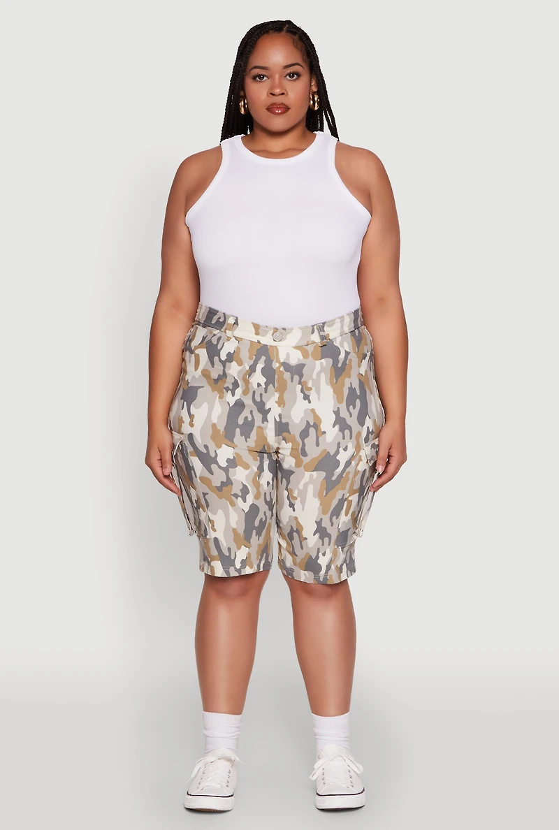 Plus Patterned Pull On Cargo Bermuda Shorts