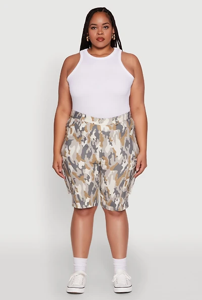 Plus Patterned Pull On Cargo Bermuda Shorts