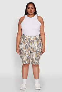 Plus Patterned Pull On Cargo Bermuda Shorts
