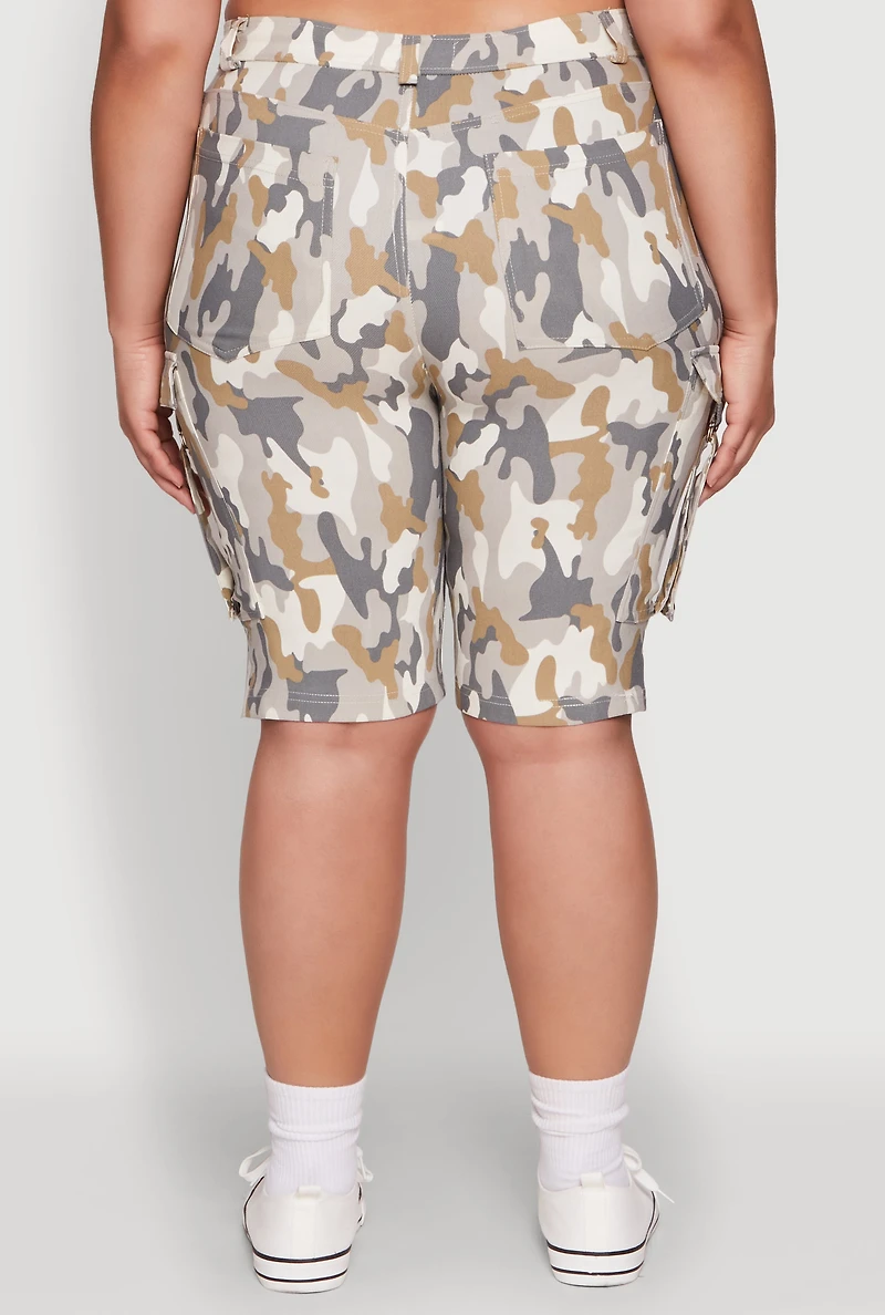 Womens Plus Size Patterned Pull On Cargo Bermuda Shorts, Multi, Size 1X