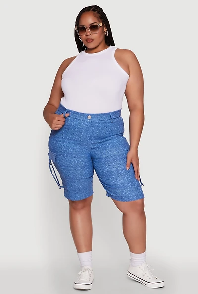 Womens Plus Patterned Pull On Cargo Bermuda Shorts,